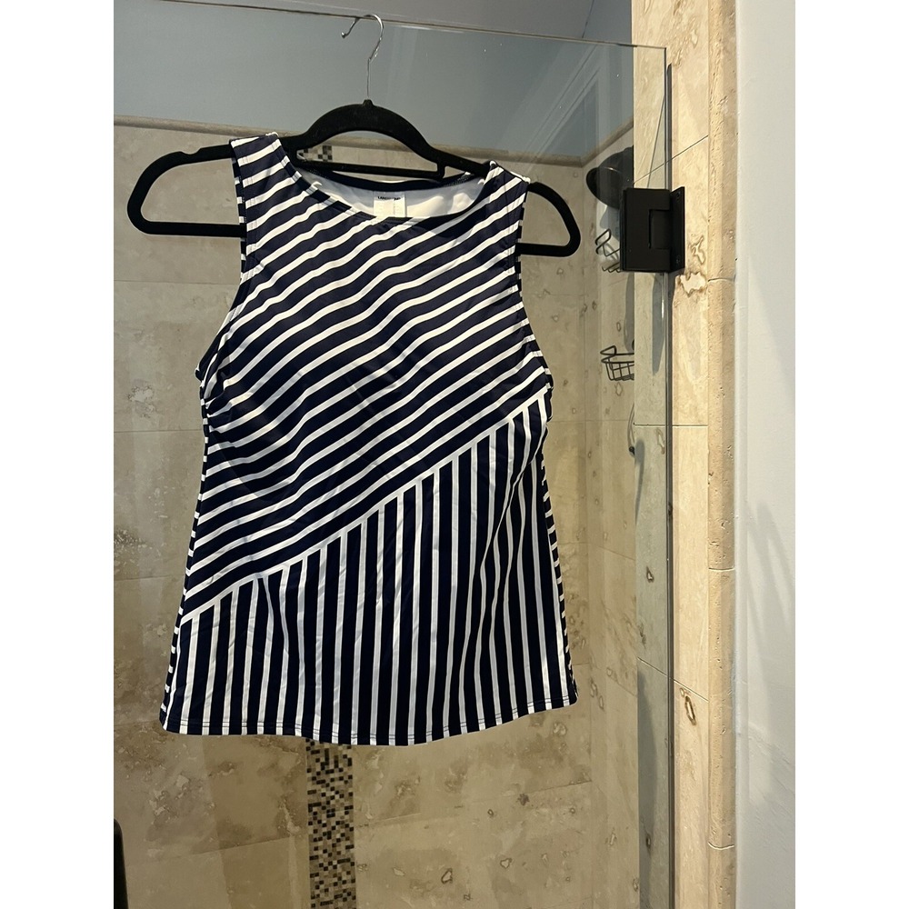 Lands' End High Neck Tankini Top Blue White Striped 10P NEW Nautical